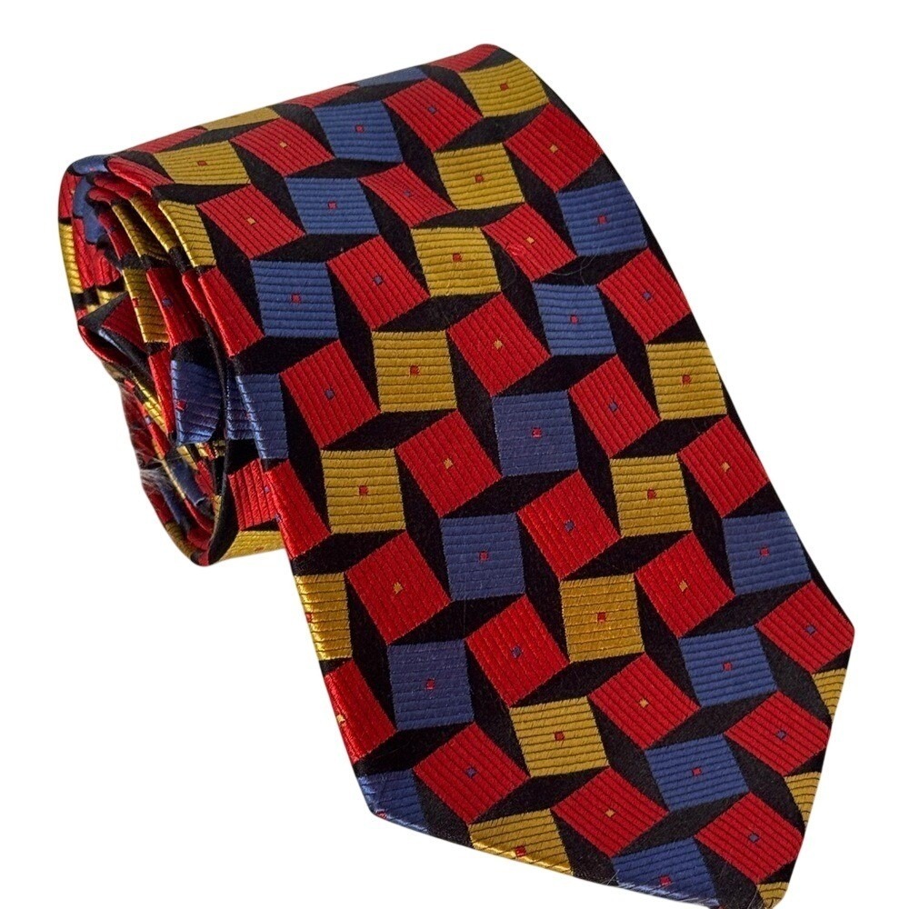 Emilio Romano Silk Tie Handmade Italy Geometric 3D Cube Red Blue Yellow‎ Black